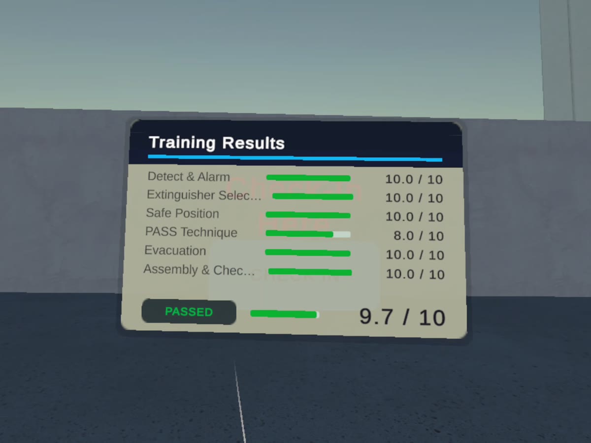 Training Results screen in the headset: a score out of 10 for each stage of the fire drill, 9.7 out of 10 overall, passed