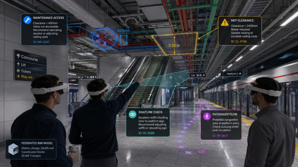 Engineers reviewing a BIM model of a metro station in VR to identify maintenance, sightline, and design coordination issues.