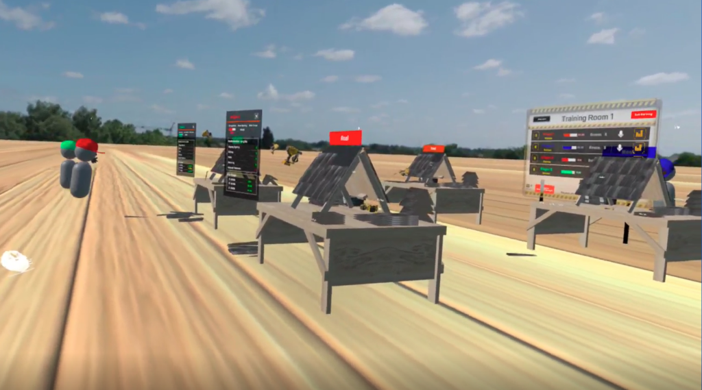 Multiplayer VR safety training with two trainees practicing roofing tasks in a shared virtual environment.