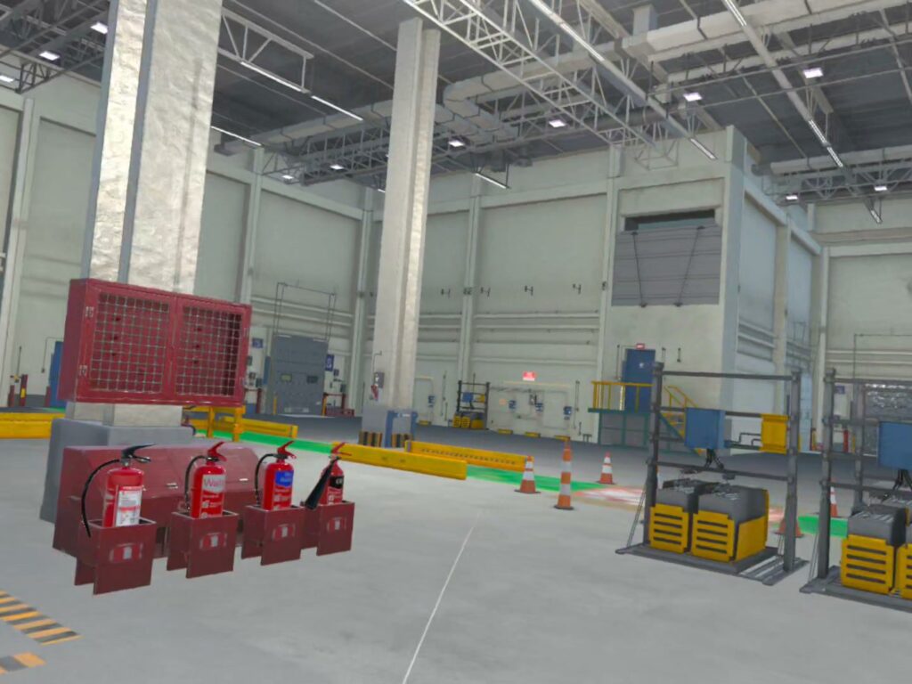 Fire response VR training: a plant hall with an extinguisher point and marked walkways