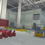 Fire response VR training: a plant hall with an extinguisher point and marked walkways