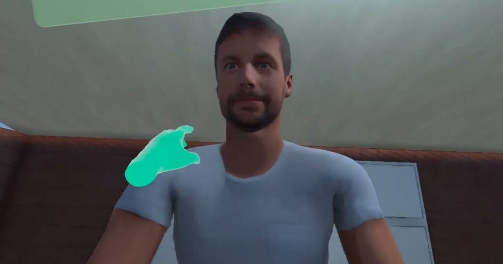 Trainee in a VR headset session practising clinical gloving, used to illustrate virtual reality rehearsal in surgical and healthcare training